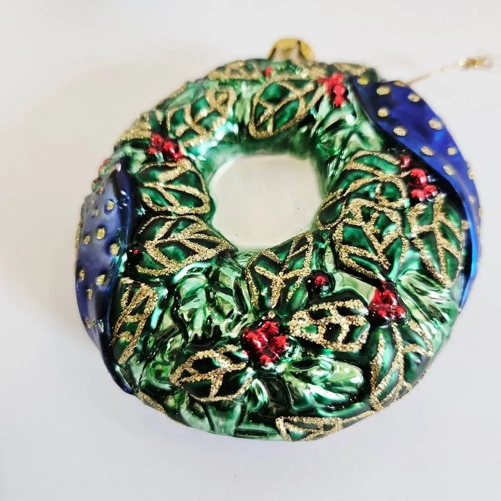 Vintage Brass Key Hand-Painted Glass Christmas Ornaments Bear Wreath Gift Stack